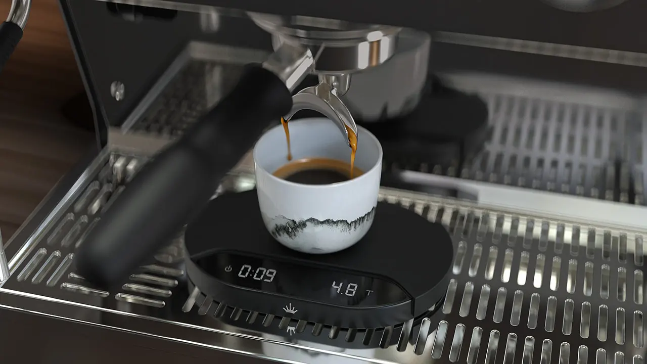 Espresso na wadze Sync Scale, która przesyła czas ekstrakcji do młynka